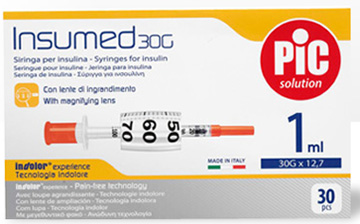 SIRINGA INSULINA PIC INSUMED 1 ML 100 UI AGO GAUGE 30 12,7 MM SENZA SPAZIO MORTO 30 PEZZI - Farmacia Castello Srl