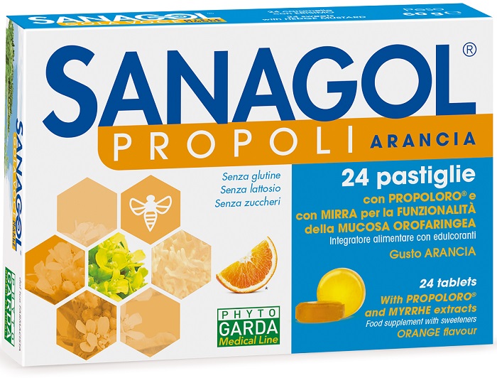 SANAGOL PROPOLI SENZA ZUCCHERO ARANCIA 24 CARAMELLE - Farmacia Castello Srl