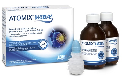 ATOMIX WAVE DISPOSITIVO PER IGIENE RINOFARINGEA ATOMIX SOLUZIONE SALINA 250 ML 2 PEZZI + TERMINALE NASALE + EROGATORE A SOFFIETTO - Farmacia Castello Srl