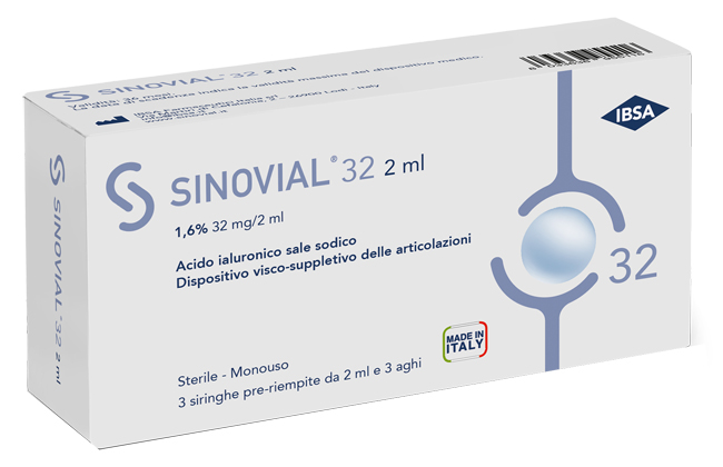 SIRINGA INTRA-ARTICOLARE SINOVIAL 32 ACIDO IALURONICO SALE SODICO 1,6% 32MG/2ML 3 SIRINGHE X 2ML + 3 AGHI - Farmacia Castello Srl