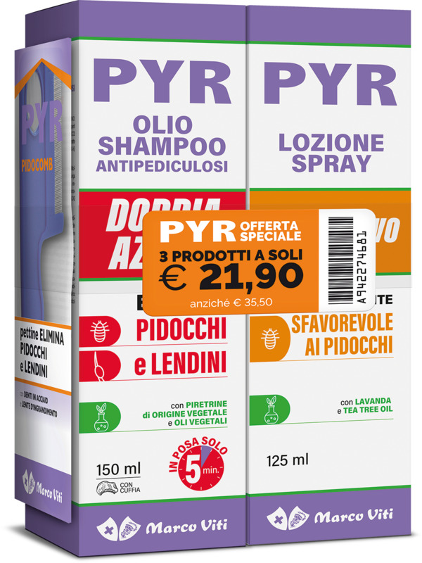 PYR ABB OLIO SHAMPOO ANTIPEDICULOSI + 1 OLIO SHAMPOO DOPPIA AZIONE + 1 LOZIONE SPRAY + 1 PETTINE LENDINI - Farmacia Castello Srl
