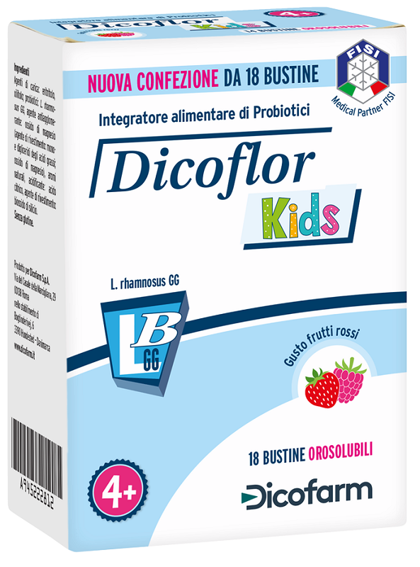 DICOFLOR KIDS 18 BUSTINE OROSOLUBILI GUSTO FRUTTI ROSSI - Farmacia Castello Srl