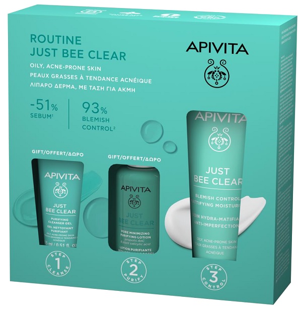 APIVITA PRO JUST BEE CLEAR ROUTINE JBC HYDRA MAT 40 ML + OMAGGI JBC PURIFYING CLEANSER GEL 15 ML E JBC PORE MINIMIZING PURIFYING LOTION 50 ML - Farmacia Castello Srl