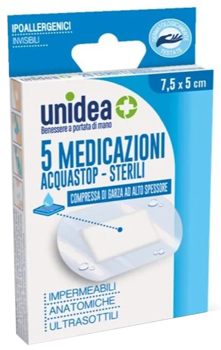MEDICAZIONE UNIDEA 7,5X5 CM STERILE IMPERMEABILE 5 PEZZI - Farmacia Castello Srl