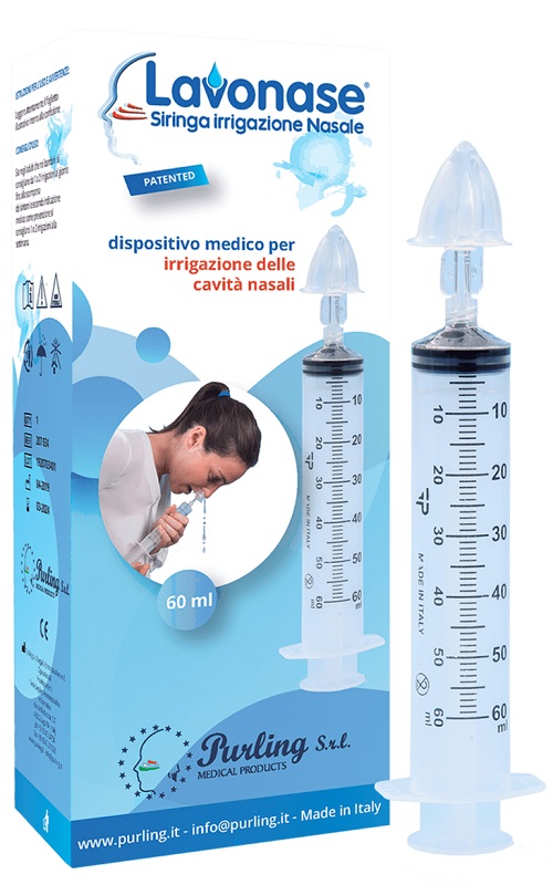 LAVONASE IRRIGAZIONE NASALE NON STERILE SIRINGA 60 ML + LUER-LOCK CON CAPPUCCIO + UGELLO NASALE CON RACCORDO LUER-LOCK + PERFORATORE CON VALVOLA NON RITORNO CON TAPPO - Farmacia Castello Srl