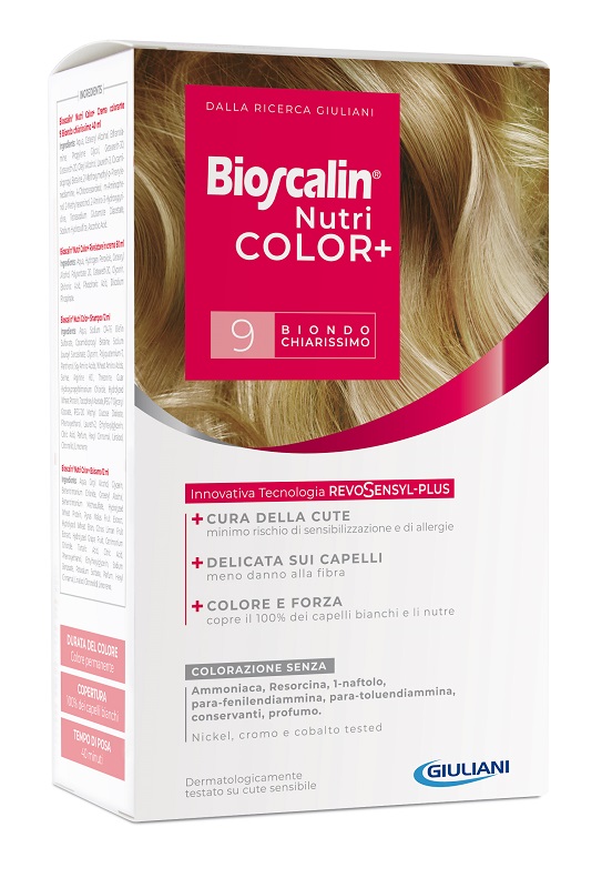 BIOSCALIN NUTRICOLOR PLUS 9 BIONDO CHIARISSIMO CREMA COLORANTE 40 ML + RIVELATORE CREMA 60 ML + SHAMPOO 12 ML + TRATTAMENTO FINALE BALSAMO 12 ML - Farmacia Castello Srl