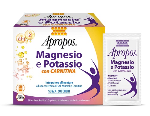APROPOS MAGNESIO E POTASSIO CON CARNITINA 24 BUSTINE SOLUBILI DA 3,5 G GUSTO ARANCIA SENZA ZUCCHERI - Farmacia Castello Srl
