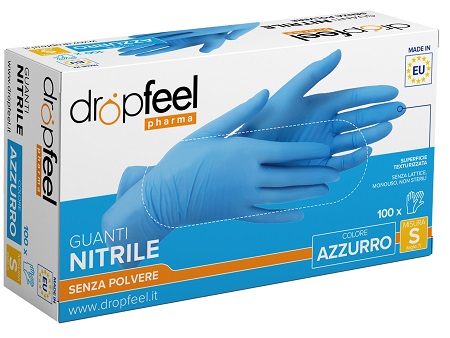GUANTO IN NITRILE DROPFEEL SENZA POLVERE AZZURRO TAGLIA S 100 PEZZI - Farmacia Castello Srl