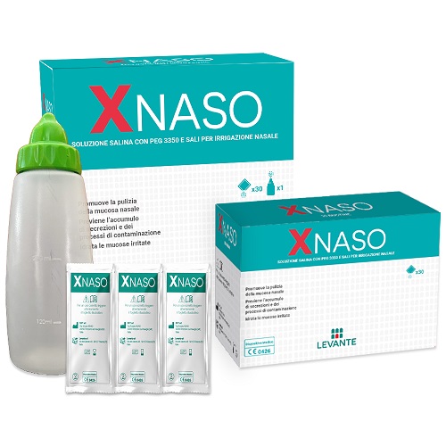 SOLUZIONE SALINA CON PEG 3350 E SALI PER IRRIGAZIONE NASALE XNASO 30 BUSTINE + 1 EROGATORE - Farmacia Castello Srl