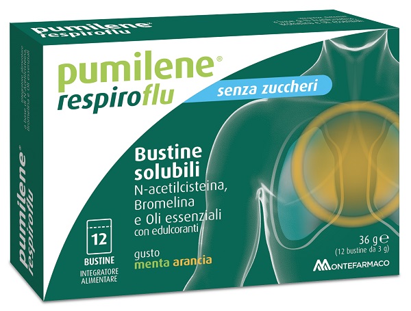 PUMILENE RESPIROFLU SENZA ZUCCHERO 12 BUSTINE GUSTO MENTA ARANCIA 36 G - Farmacia Castello Srl