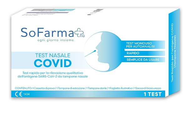 TEST ANTIGENICO RAPIDO COVID-19 NASALE AUTODIAGNOSTICO DETERMINAZIONE QUALITATIVA ANTIGENI SARS-COV-2 IN TAMPONI NASALI MEDIANTE IMMUNOCROMATOGRAFIA SOFARMAPIU' - Farmacia Castello Srl